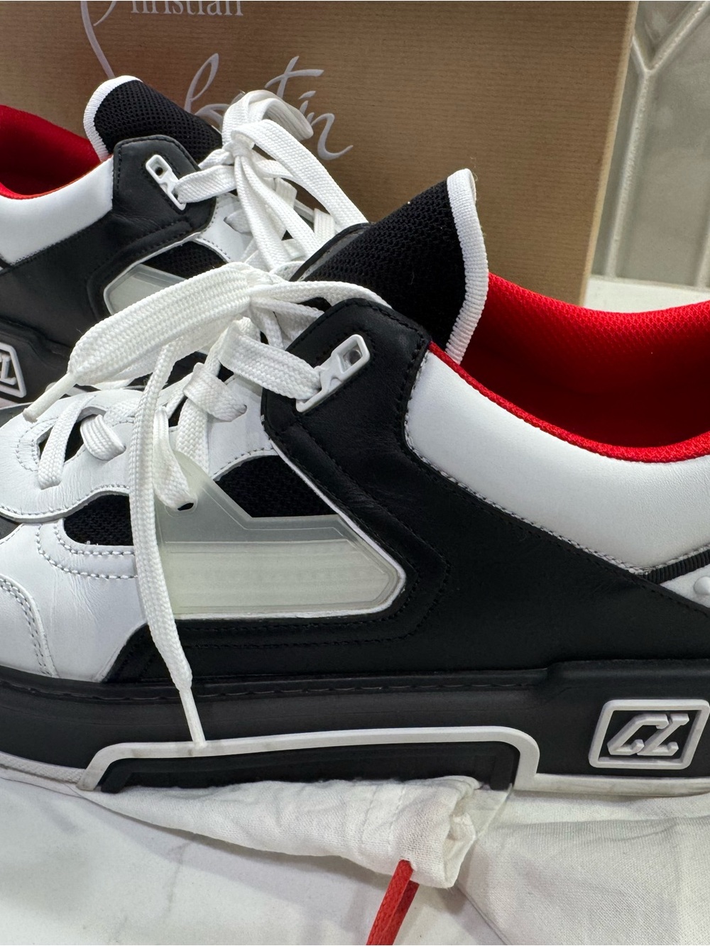 Christian Louboutin Black White Red Low-Top Lace-Up Sneaker